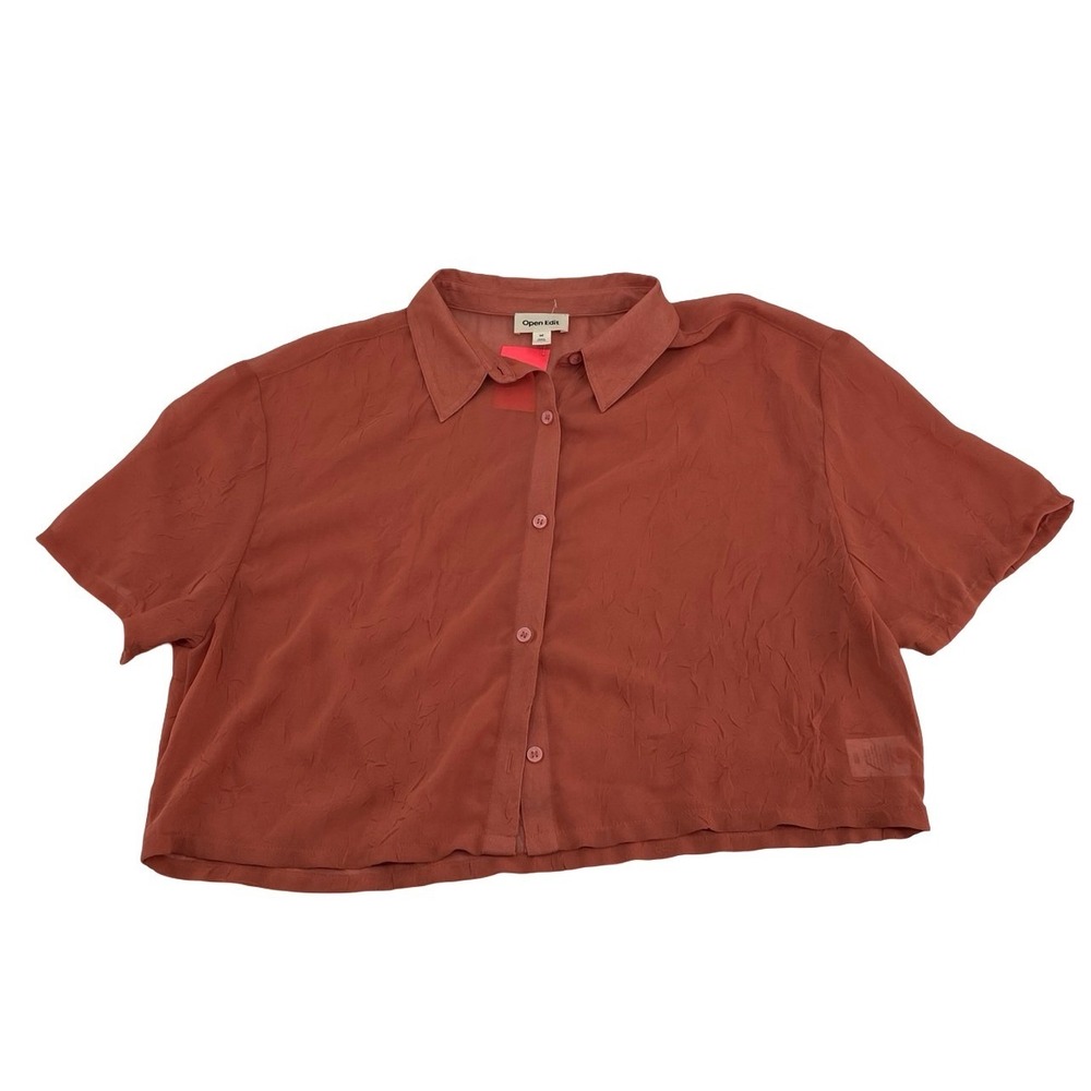Open Edit Women's Shirt Button Down Rust Polyester Medium